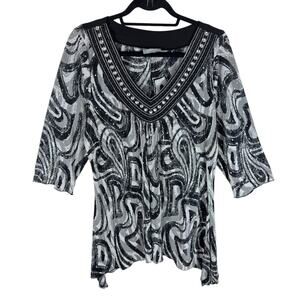 Essentials V-Neck 3/4 Sleeve Accordion Asymmetrical Hem‎ Studded Shimmery Top OX